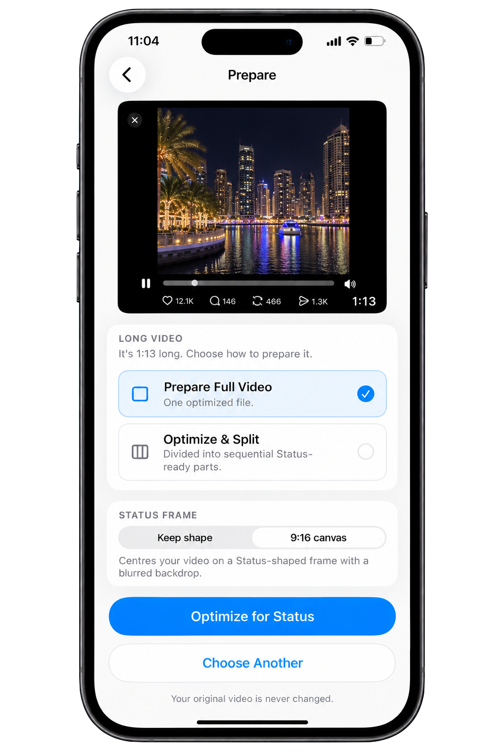 Unblur Status Prepare screen showing options to optimize a full video or split it into sequential Status-ready parts